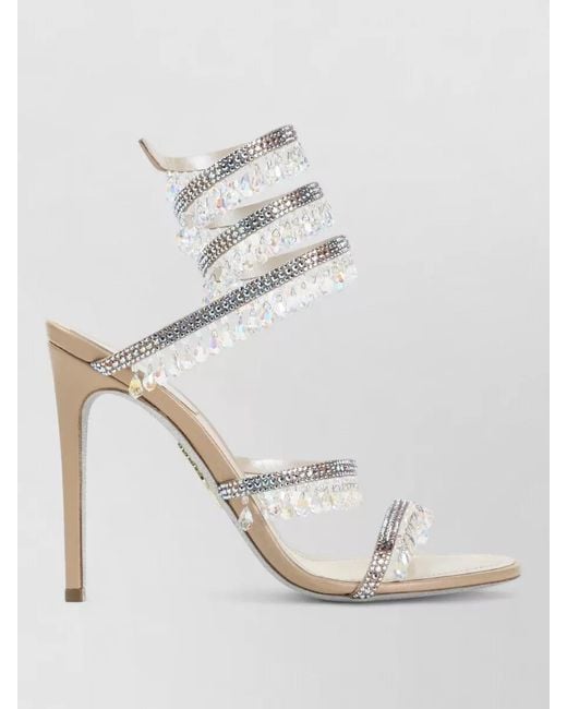 Rene Caovilla Natural Chandelier Satin High Heel Crystal Sandal