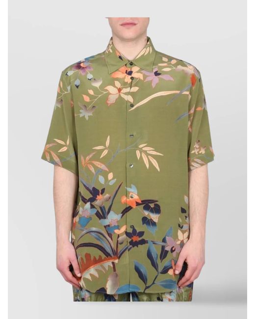Etro Green Floral-Print Silk Short-Sleeve Shirt for men