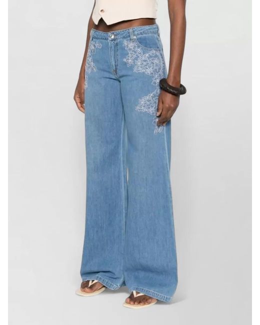 ERMANNO FIRENZE Blue Floral Embroidery Wide Leg Denim Trousers