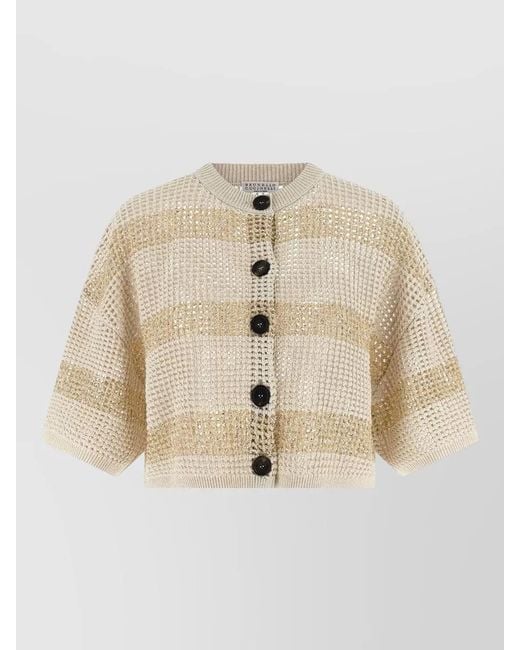 Brunello Cucinelli Natural Cropped Cardigan Short Sleeves Textured Knit