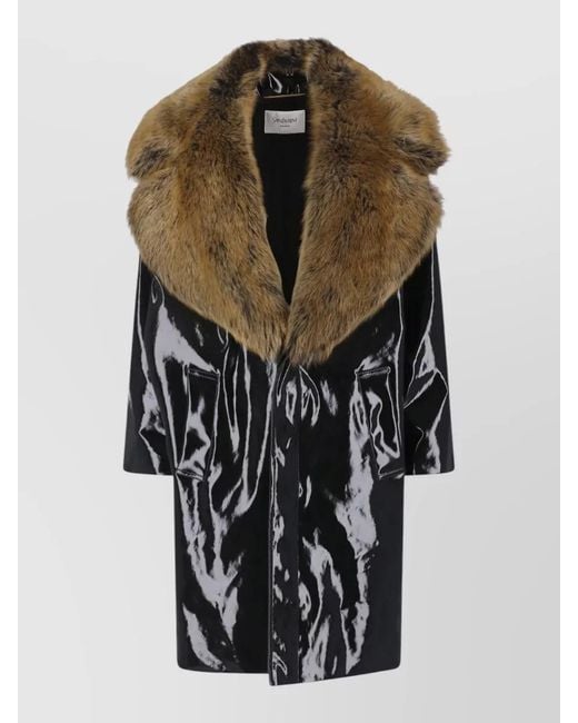 Saint Laurent Multicolor Long Coat Faux Fur Collar Glossy Finish