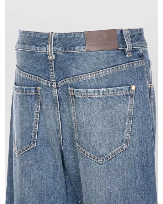Brunello Cucinelli Blue Denim Trousers Contrast Stitching Belt Loops Pockets