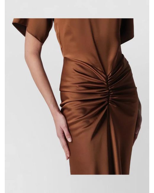 ANDAMANE Brown Floor Length Ruched Satin Dress Short Sleeves