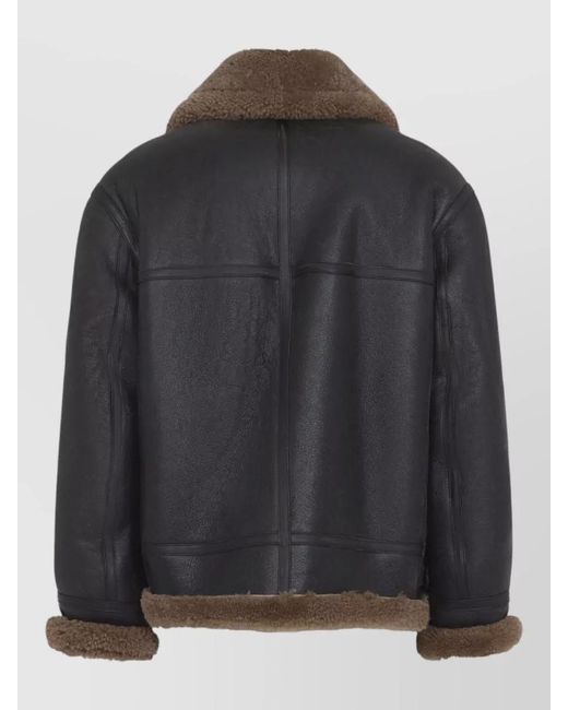 Saint Laurent Black Biker Coat Contrast Trim Faux Fur Collar for men