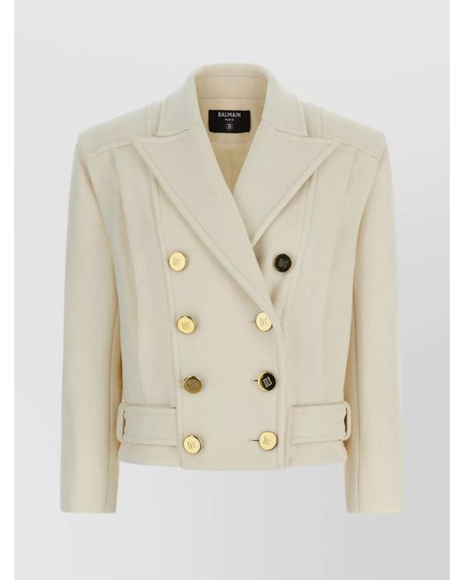 Balmain Natural Double-Breasted Coat With Belted Waist