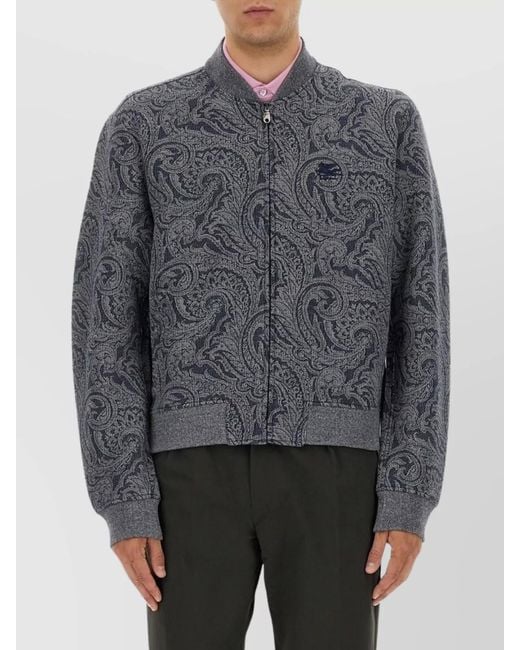 Etro Gray Paisley-Print Ribbed Bomber Jacket for men