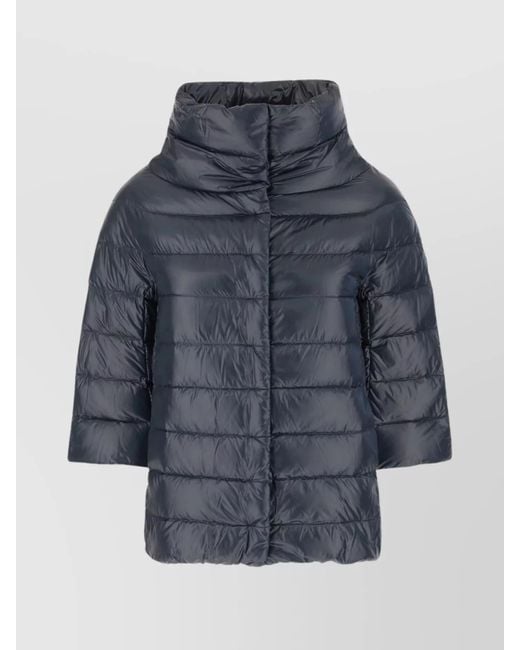 Herno Blue Puffer Coat With 3/4 Sleeves And High Collar