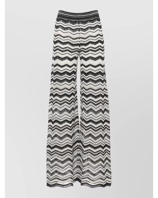 D.exterior White Wide Leg Pants Sheer Lurex Chevron Pattern