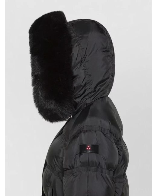 Peuterey Black Long Hooded Jacket Fur Trim Quilted Design