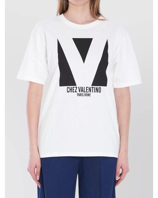 Valentino Garavani White Crewneck Graphic Print Ribbed Short-Sleeve Cotton Jersey