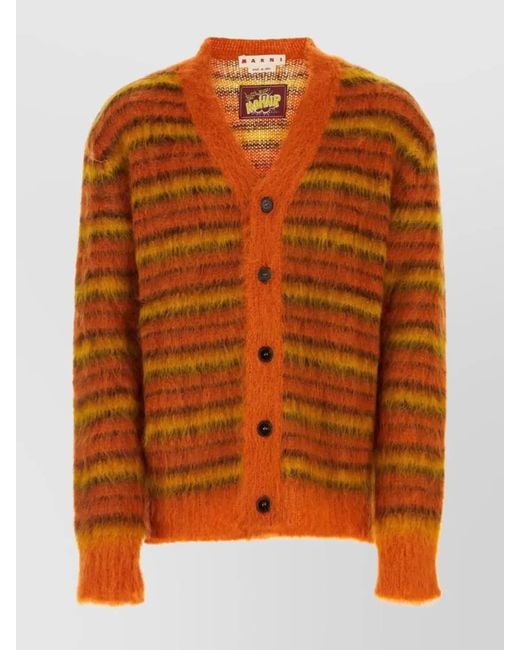 Marni Orange Striped Mohair V-Neck Cardigan for men