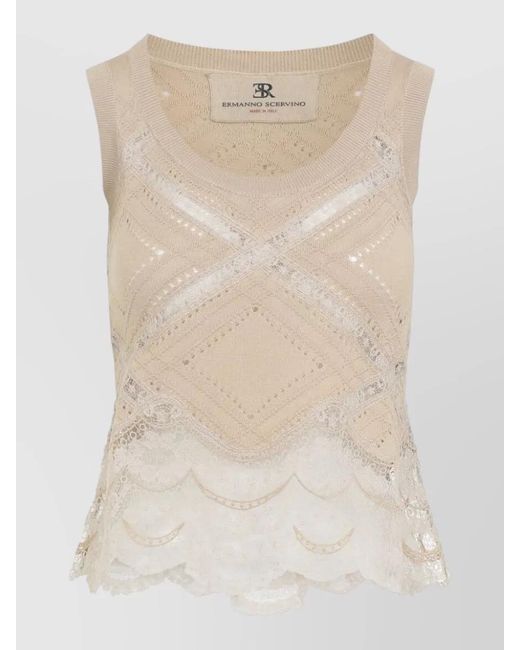 Ermanno Scervino Natural Sleeveless Knit Top Lace Inserts