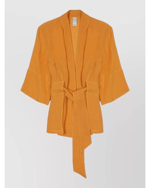 120% Lino Orange Linen Kimono Jacket Textured Fabric Sleeves