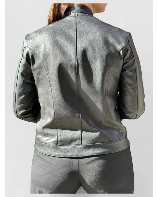 LA ROSE Black Leather Bomber Jacket Color Block Design