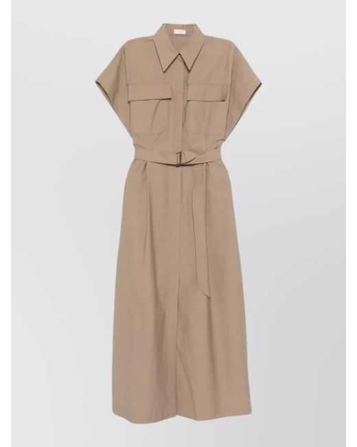 Brunello Cucinelli Natural Cotton Belted Short-Sleeve Midi Dress