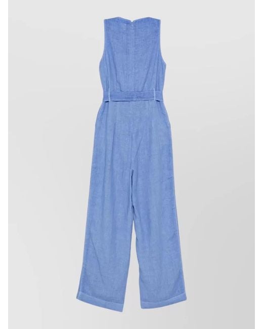 120% Lino Blue Linen Jumpsuit Belted Waist Wide Leg