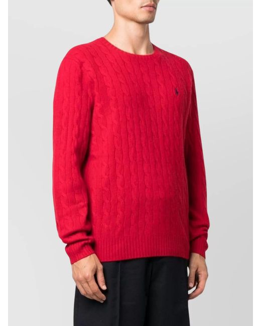 Ralph Lauren Red Wool Cashmere Fine Knit Logo Pattern Crewneck Jumper for men