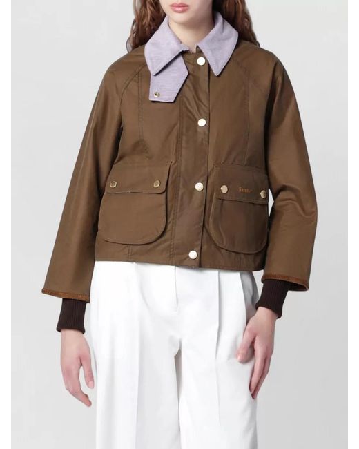Barbour Brown Coat Contrast Collar Flap Pockets Ribbed Cuffs