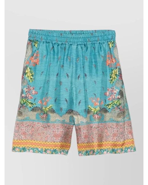 Pierre Louis Mascia Blue Floral-Print Silk Knee-Length Shorts