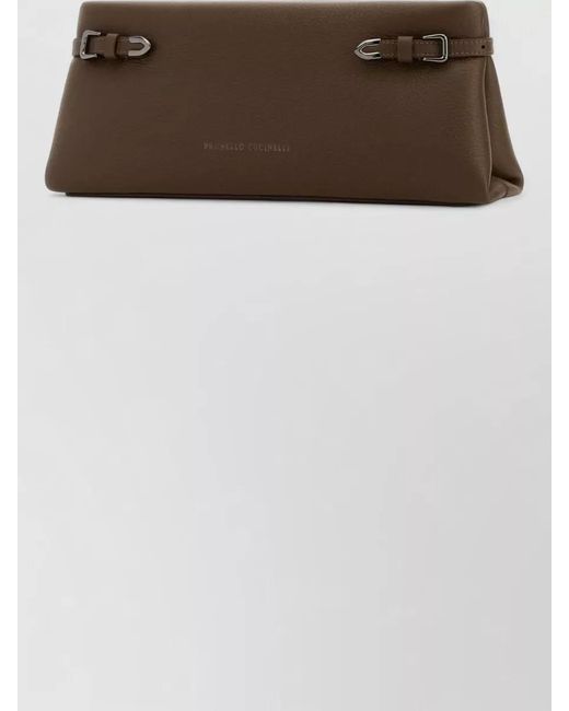 Brunello Cucinelli Brown Leather Clutch Bag Rectangular Shape Buckle