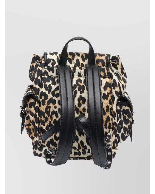 Ganni Gray Magnetic Buckle Backpack Leopard Print