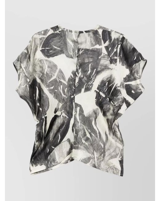 Alysi Gray Silk Shirt Abstract Print Short Sleeves Neckline