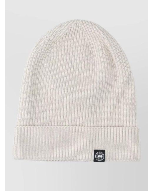 Canada Goose White Ribbed Knit Hat Folded Cuff Design for men