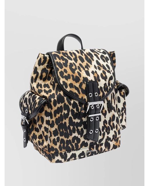 Ganni Gray Magnetic Buckle Backpack Leopard Print