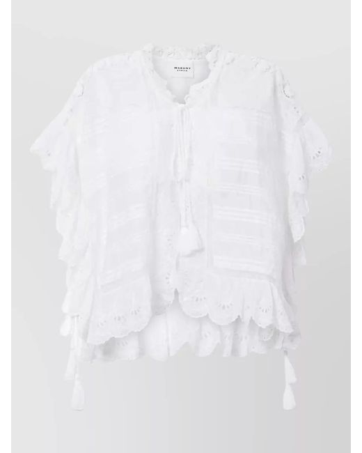 Isabel Marant White Lace Dress Striped Pattern Ruffled Hem Tassels