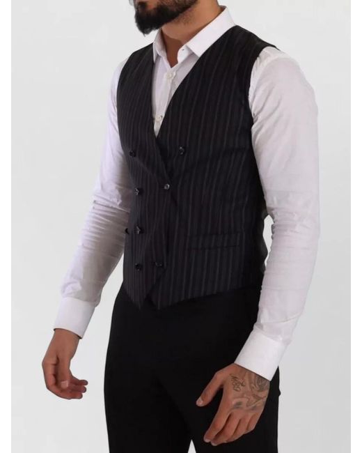 Dolce & Gabbana Blue Wool Striped Double-Breasted Waistcoat for men
