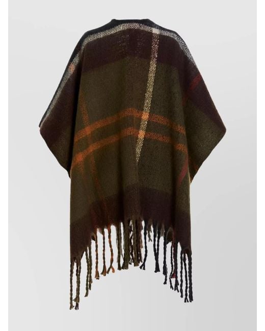 Barbour Black Boucle Plaid Cape Fringe Hem