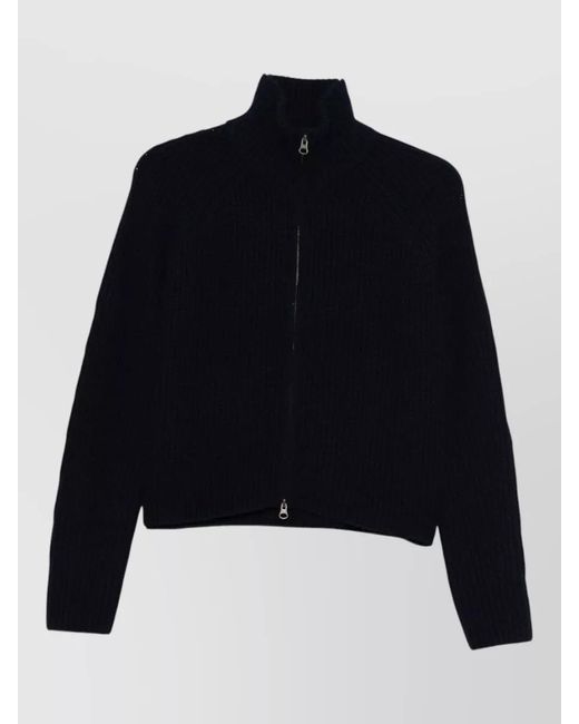 Lisa Yang Blue Cashmere Ribbed High Neck Cardigan