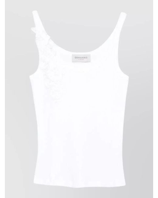 ERMANNO FIRENZE White Embroidered Cotton Scoop Neck Sleeveless Tank Top