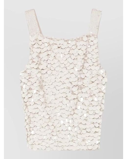 P.A.R.O.S.H. Natural Sequin Sleeveless Top Square Neckline Straps