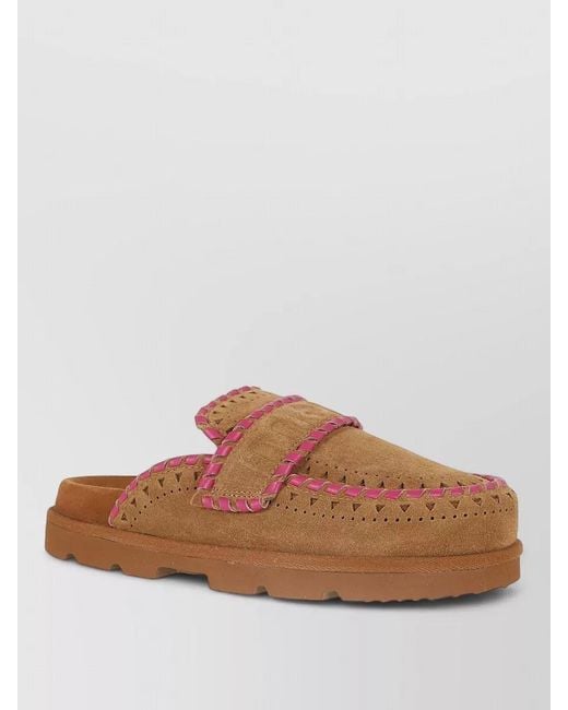 Mou Brown Leather Sabot Slippers Contrast Stitching Sole