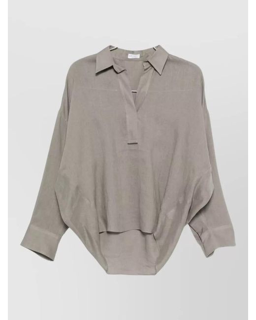Brunello Cucinelli Gray Linen V-Neck Long-Sleeve Shirt