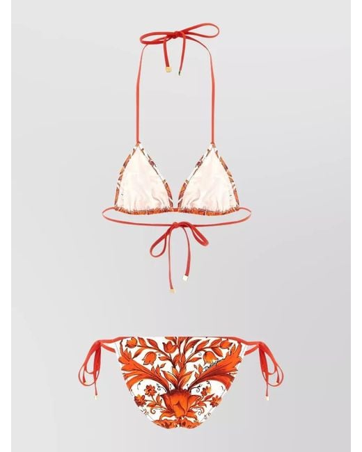 Dolce & Gabbana Red Maiolica Triangle Bikini Floral Print Hardware