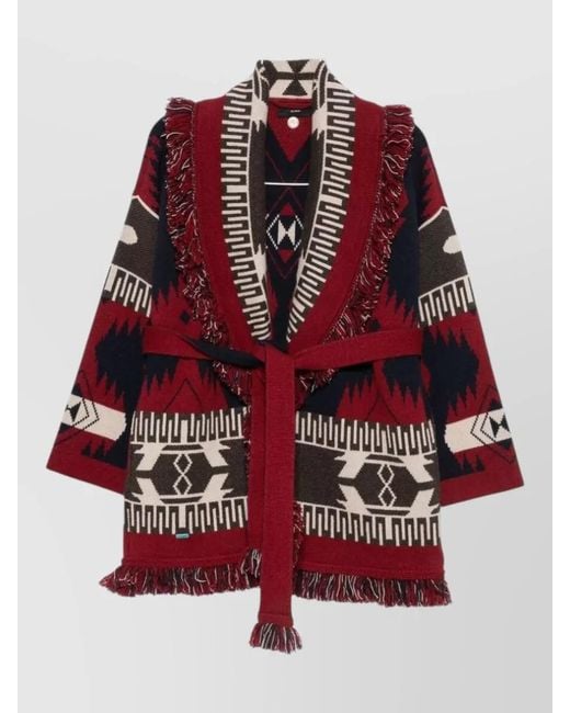 Alanui Red Cashmere Jacquard Fringe Belted Cardigan
