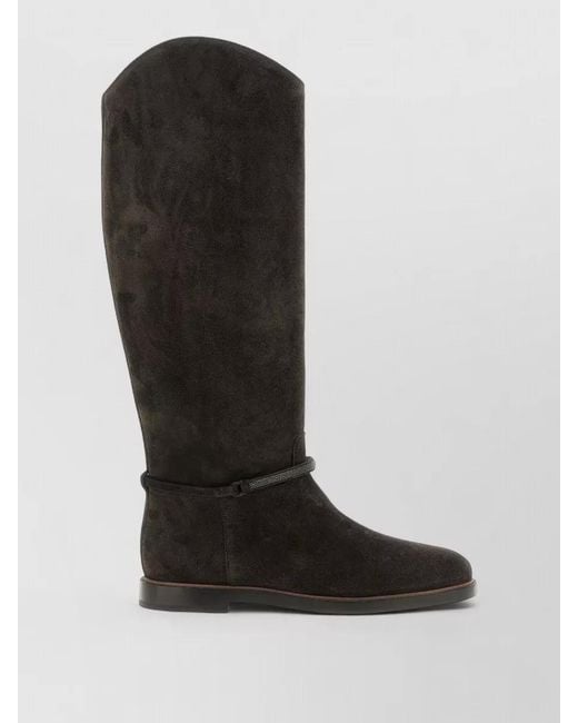 Brunello Cucinelli Black Suede Knee High Boots Block Heel