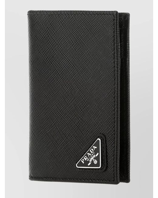 Prada Black Leather Card Holder Bifold Design Textured Finish for men