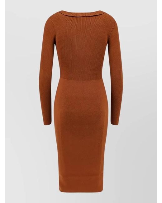 Elisabetta Franchi Brown Knit Dress Collared V Neckline Midi