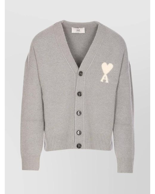 AMI Gray Alpaca Blend V-Neck Cardigan for men