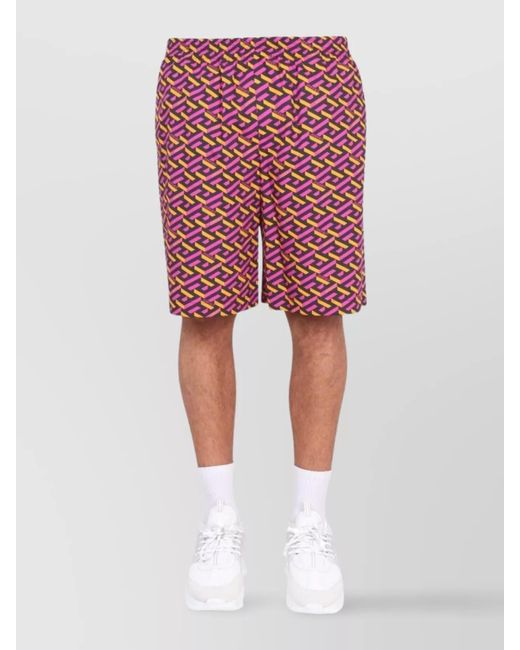 Versace Red Silk La Greca Print Bermuda Shorts for men
