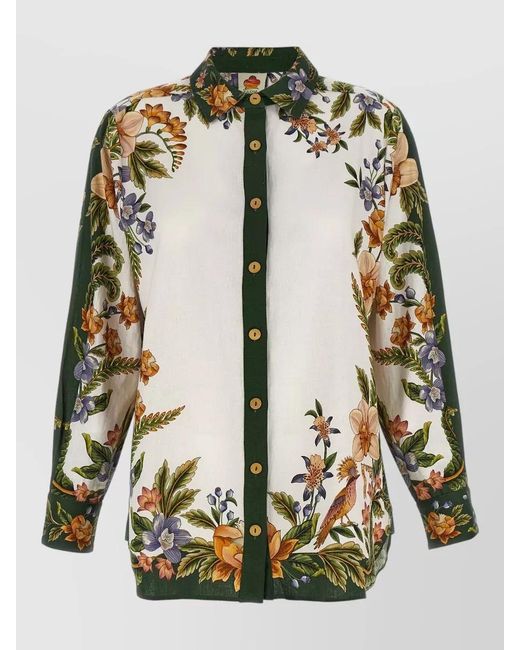 Farm Rio Green Floral Long Sleeve Nature Print Top
