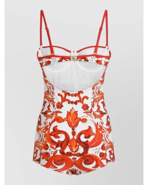 Dolce & Gabbana Red Maiolica Print Balconette One Piece Swimsuit