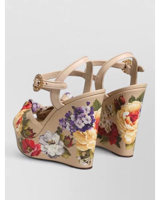 Dolce & Gabbana Natural Leather Floral Ankle Strap Wedge Sandals
