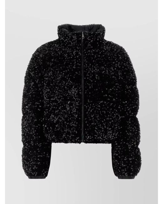 Moncler Black Textured Cropped Down Jacket With High Collar
