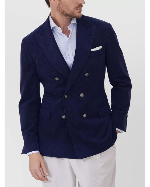Brunello Cucinelli Blue Wool Silk Cashmere Double-Breasted Corduroy Blazer for men