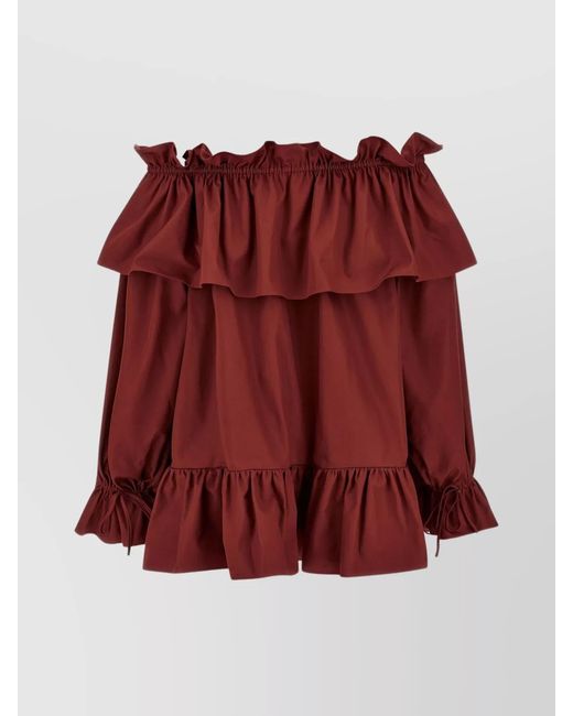 Saint Laurent Red Cotton Off-Shoulder Long-Sleeve Mini Dress