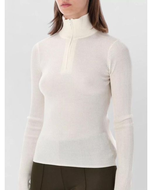 Frankie Shop White Merino Wool Silk Ribbed Slim-Fit High-Neck Quarter-Zip Sweater